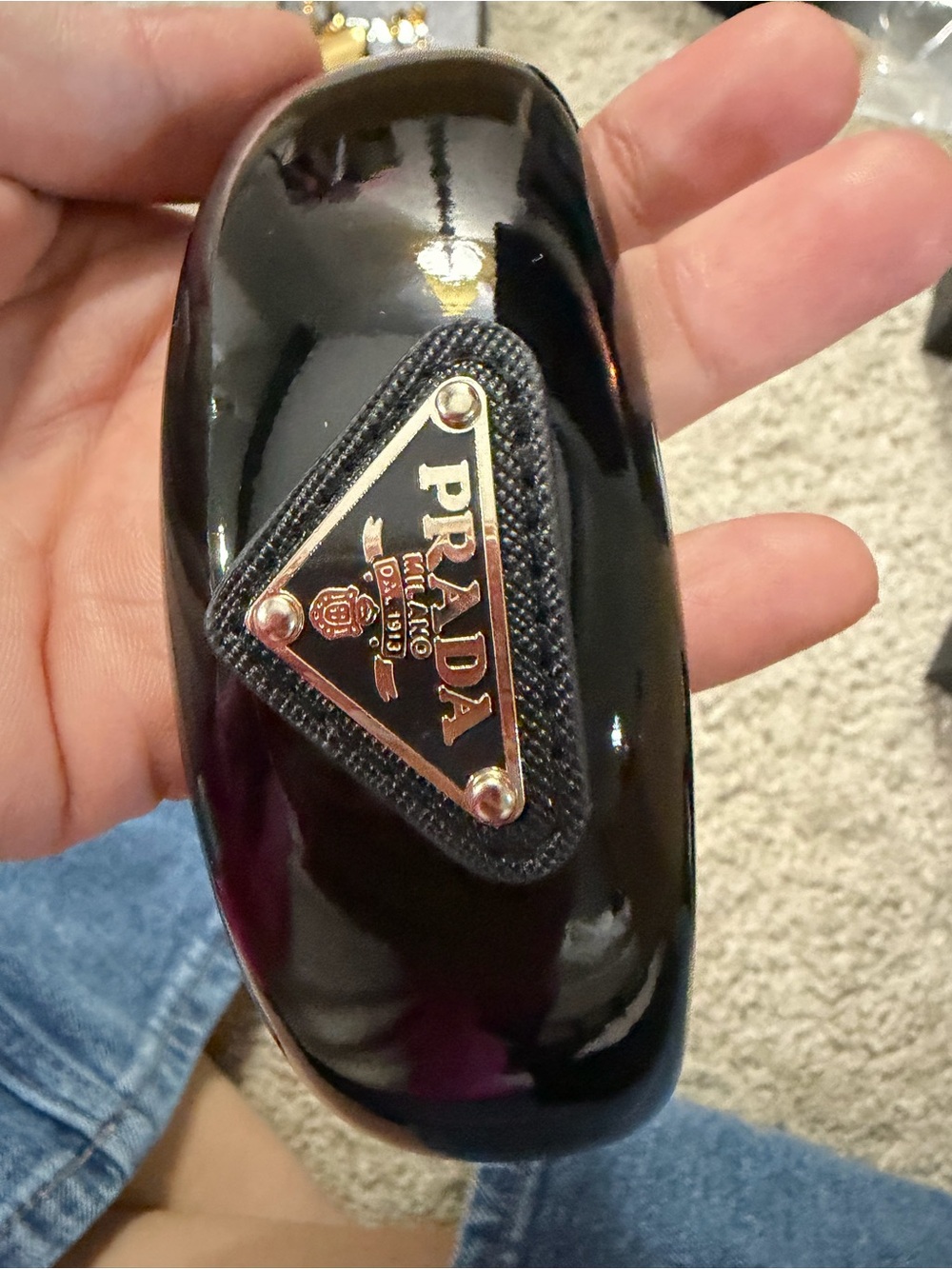 Prada Black Patent Hairband with Silver Triangle Emblem